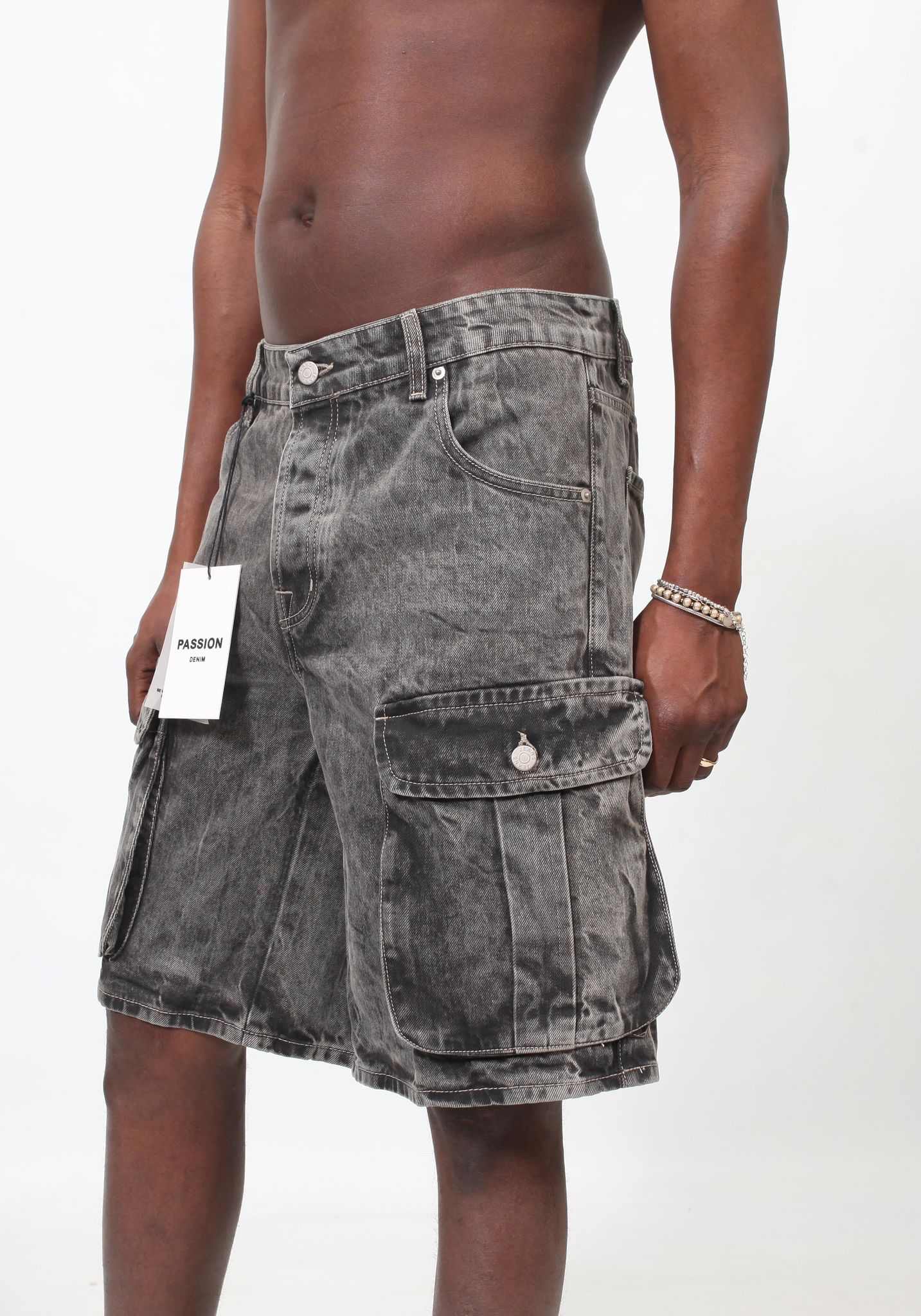 Cargo Denim Shorts - Grey