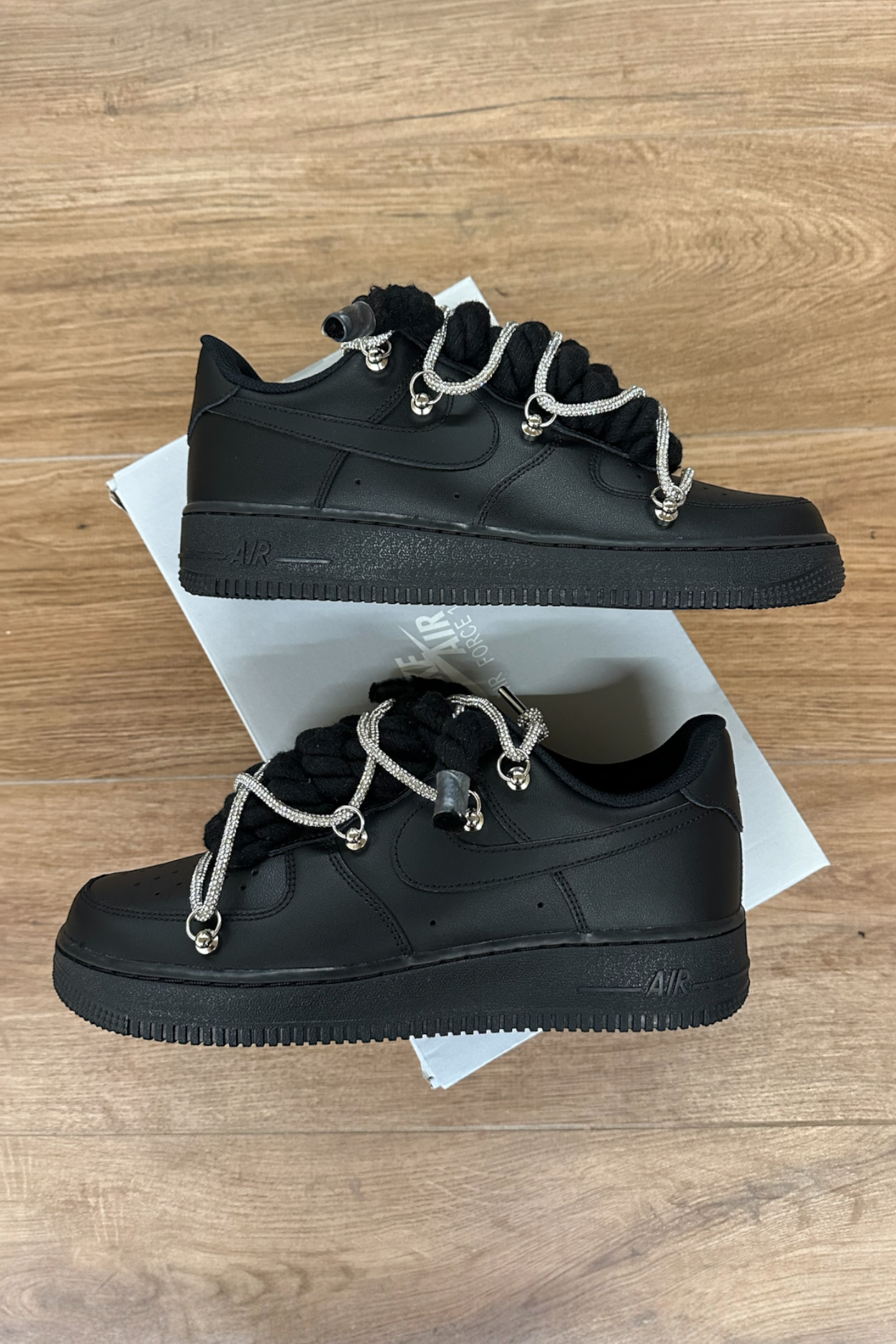 NIKE AIR FORCE 1 BLACK "ROPE LACES BLACK" TRIPLE SWAROVSKI SILVER - Baba Store