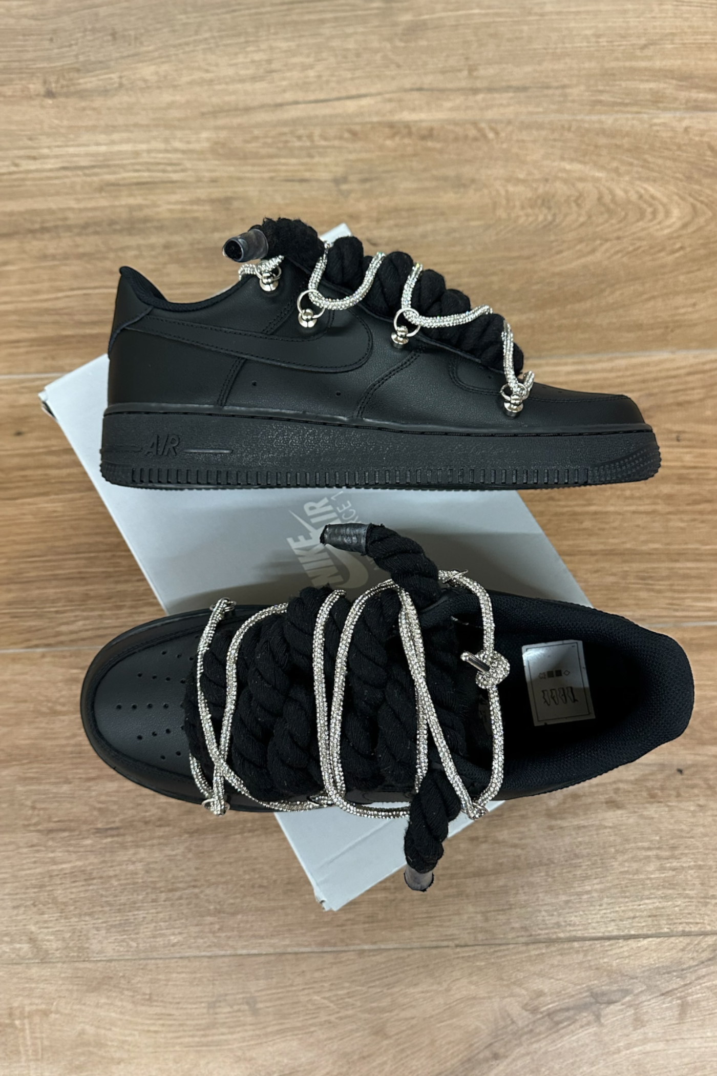 NIKE AIR FORCE 1 BLACK "ROPE LACES BLACK" TRIPLE SWAROVSKI SILVER - Baba Store