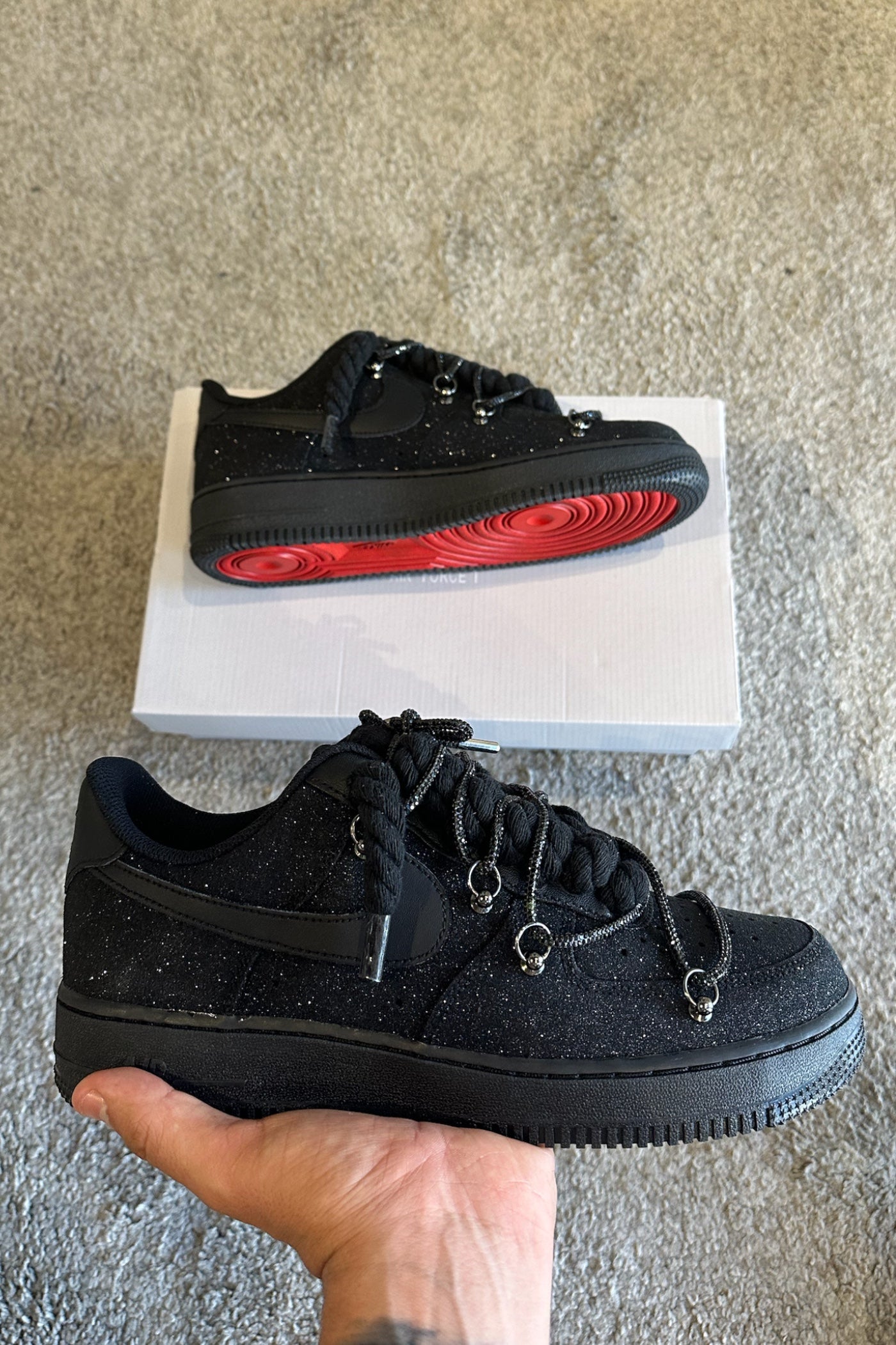 NIKE AIR FORCE 1 GLITTER BLACK "ROPE LACES BLACK" TRIPLE SWAROVSKI BLACK (SUOLA RED) - Baba Store